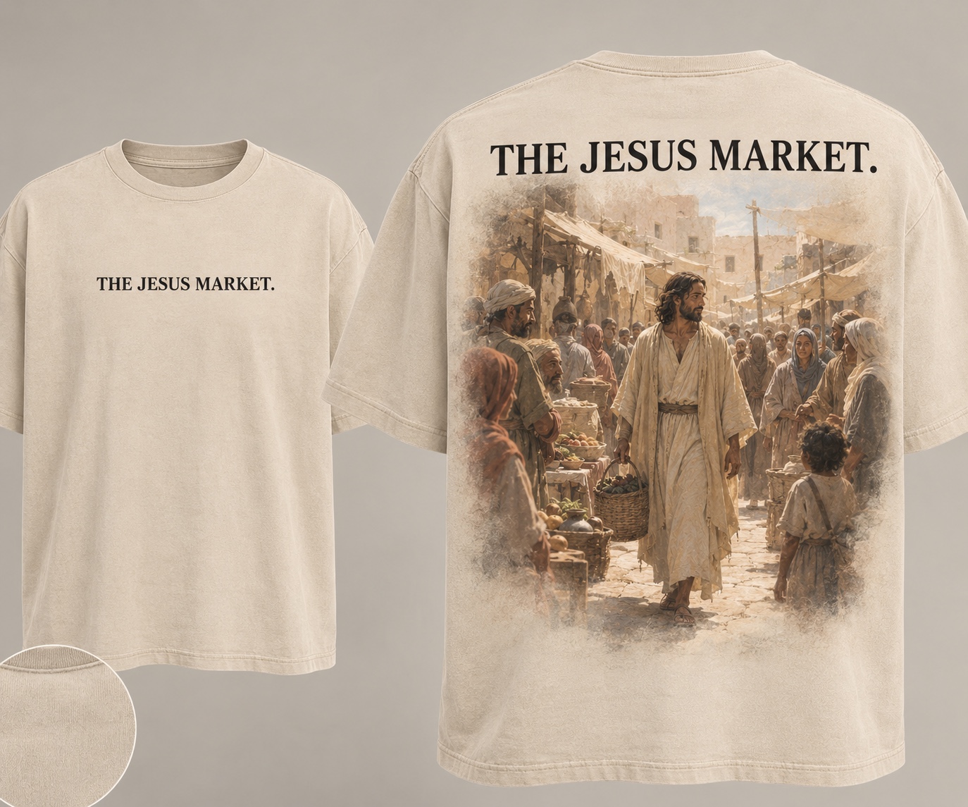 Cream T-shirt with The Jesus Market chest lettering and Jesus walking through a market on the back
